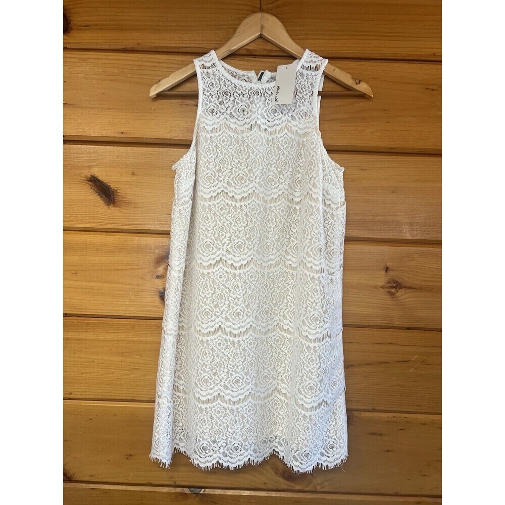 Bleuh Ciel Women’s Sleeveless White Lace Over Tan Lining Dress Size XS Back Zip